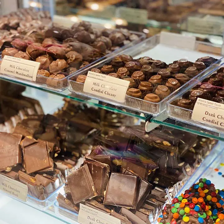 Chocolate and candy in display shelves